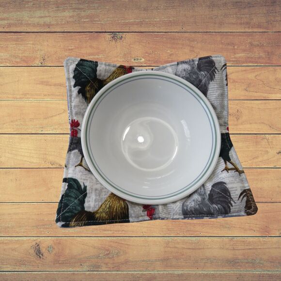 Microwave Bowl Cozy Reversible Roosters and Blue Floral - Picture 2 of 4